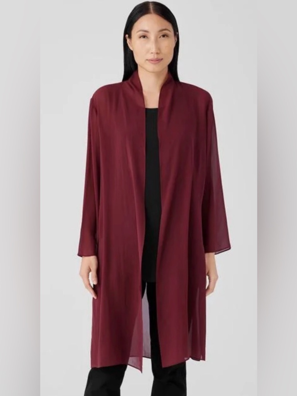 Eileen Fisher Sheer Silk Georgette High Collar Jacket in Rust Burgundy M